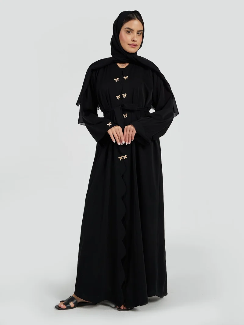 Reem Abayas Black Scalloped Edge Abaya with Gold Bow Details