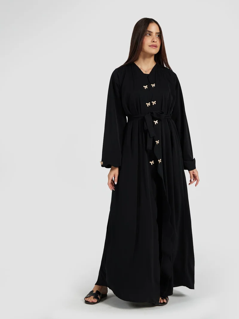 Reem Abayas Black Scalloped Edge Abaya with Gold Bow Details