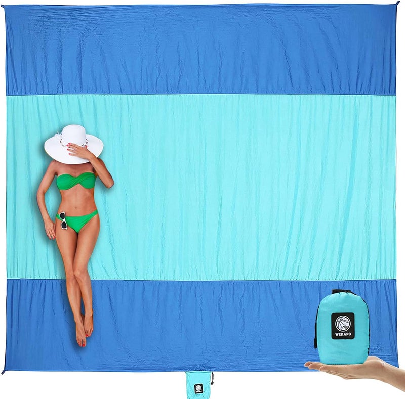 Wekapo Sandproof Beach Blanket - Compact, Lightweight, Quick Drying Mat with 6 Stakes & 4 Corner Pockets (7x7 FT, Blue) - Image 1