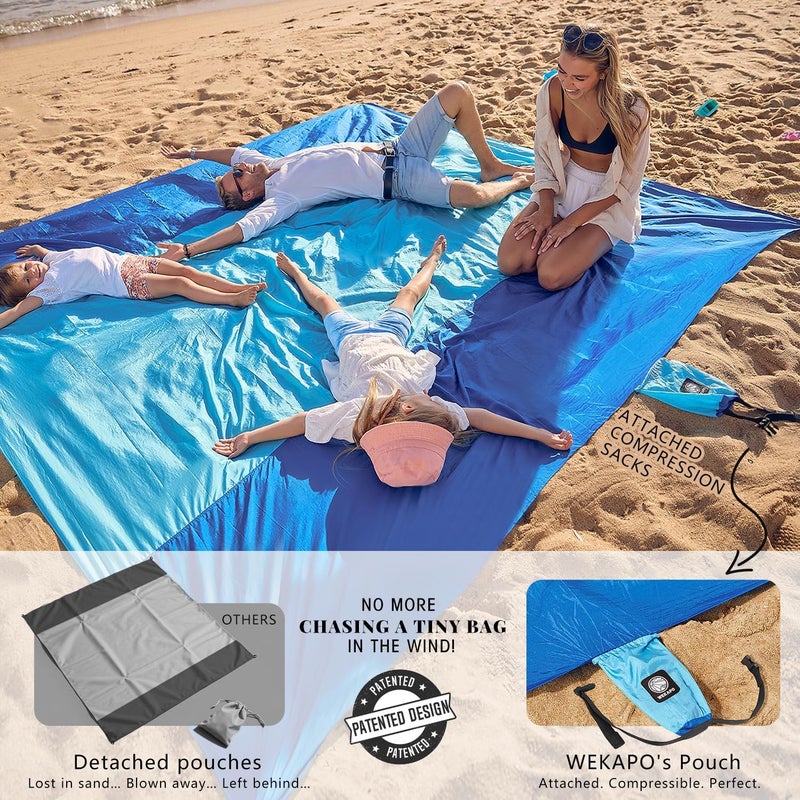 Wekapo Sandproof Beach Blanket - Compact, Lightweight, Quick Drying Mat with 6 Stakes & 4 Corner Pockets (7x7 FT, Blue) - Image 3