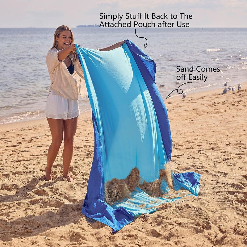 Wekapo Sandproof Beach Blanket - Compact, Lightweight, Quick Drying Mat with 6 Stakes & 4 Corner Pockets (7x7 FT, Blue) - Image 5