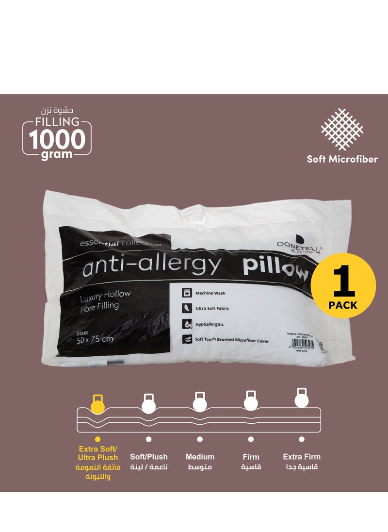 Donetella 1Piece Pillow 1000 Gm Hotel Pillow Size 50x75 cm Anti Allergy Bed Pillow Soft Brushed Microfiber White  - Image 1