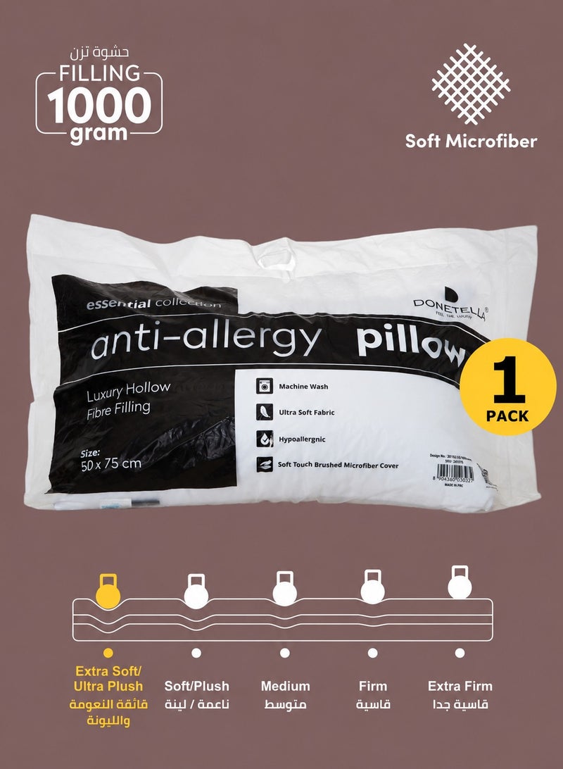 Donetella 1Piece Pillow 1000 Gm Hotel Pillow Size 50x75 cm Anti Allergy Bed Pillow Soft Brushed Microfiber White - Image 1