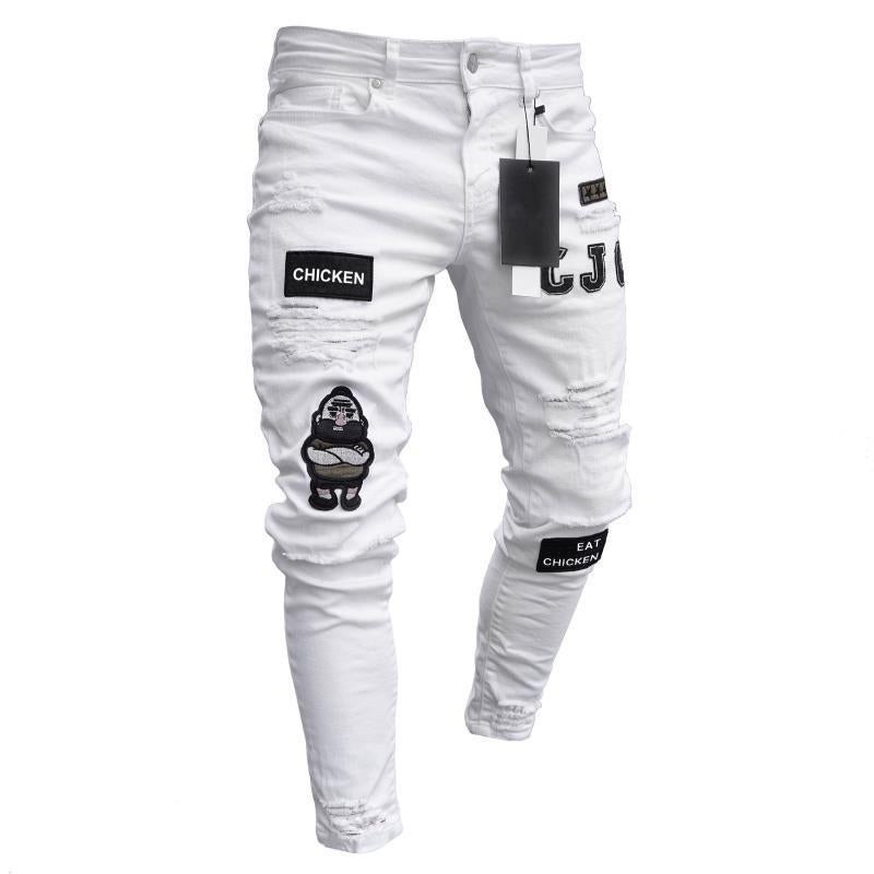 Factory direct foreign trade new mens jeans tight embroidered chapter slim pencil pants casual ripped leggings White