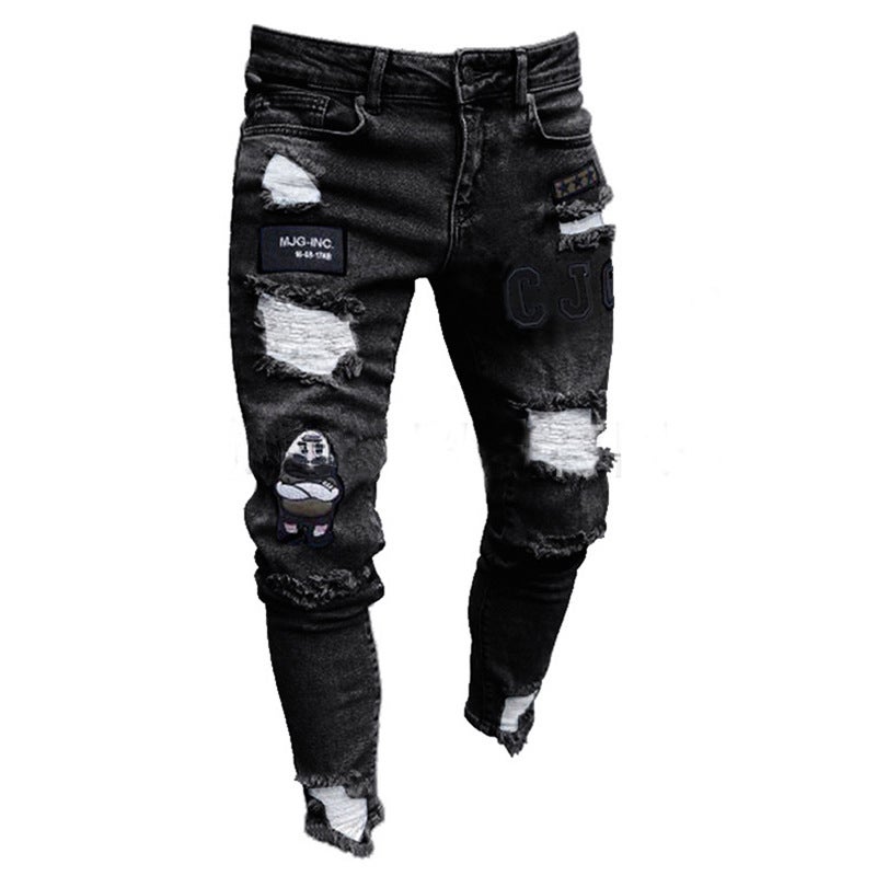 Factory direct foreign trade new mens jeans tight embroidered chapter slim pencil pants casual ripped leggings White