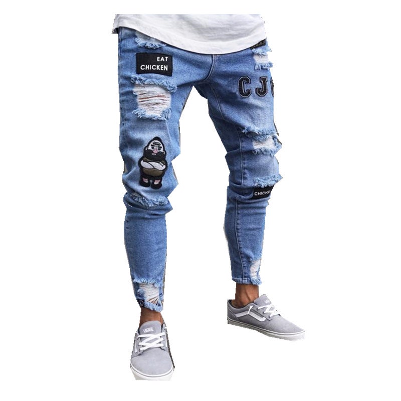 Factory direct foreign trade new mens jeans tight embroidered chapter slim pencil pants casual ripped leggings White
