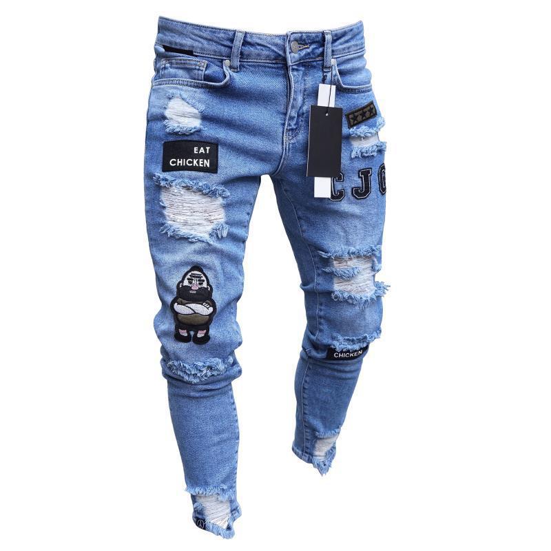 Factory direct foreign trade new mens jeans tight embroidered chapter slim pencil pants casual ripped leggings White