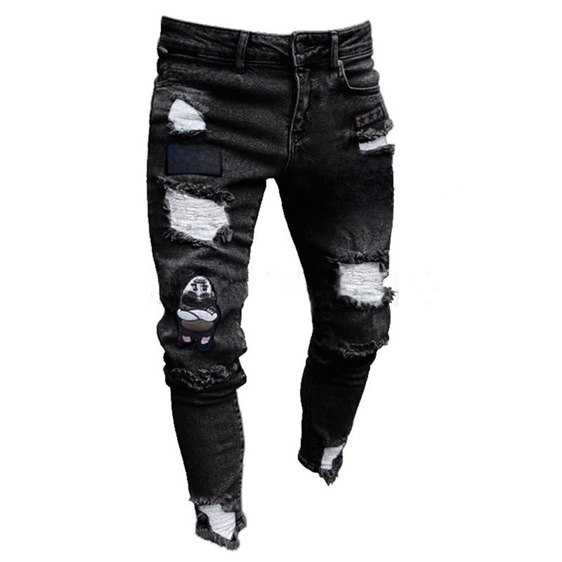 Factory direct foreign trade new mens jeans tight embroidered chapter slim pencil pants casual ripped leggings White