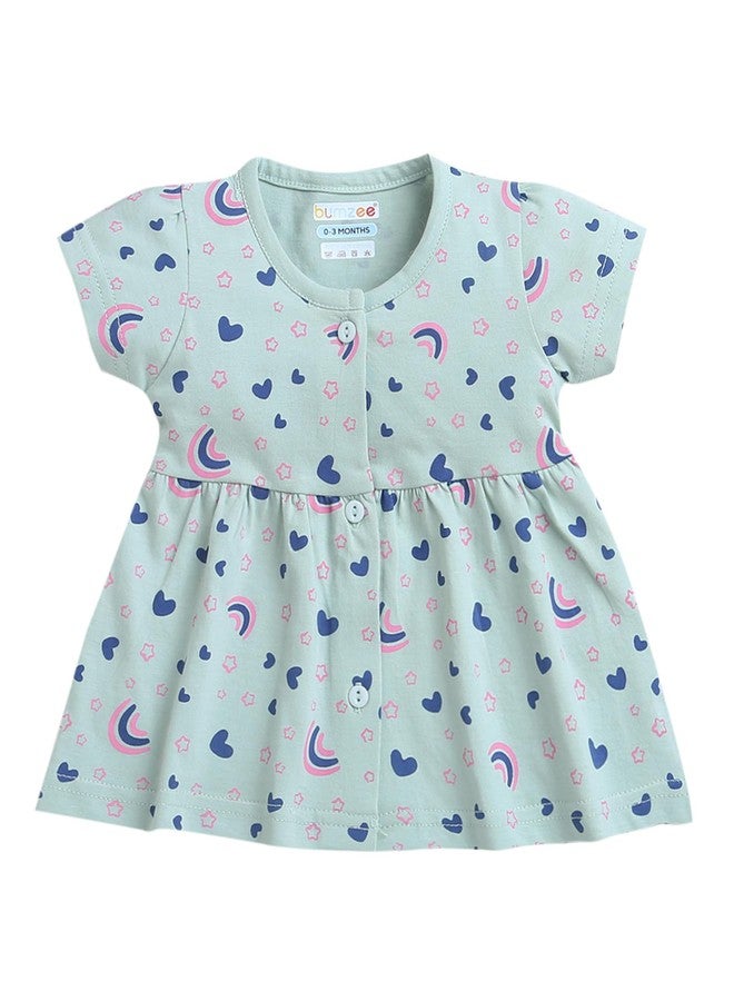 BUMZEE Green Girls Half Sleeves Cotton Knee Length Casual Frock Age - 9-12 Months (Peb9105E-grn) - Image 1