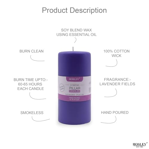 HOSLEY 6 Inch Long Lavender Fields Fragrance Purple Pillar Candles| Soy & Paraffin Wax Candles for Home Decor, Party, Wedding, Gifting|90 Hours Burn Time|2.75 Inch Diameter(Pack of 1) - Image 3