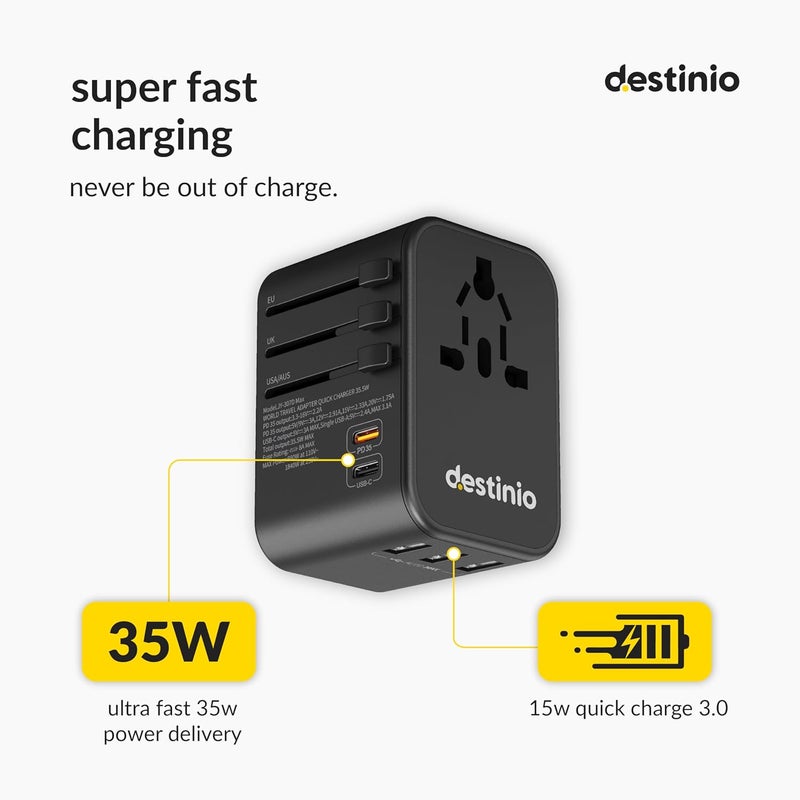 Destinio Universal Travel Adapter 6in1 Fast 35W Charging with PDQC 30 10 Year Warranty 2 Type C 3 USB Ports Universal Charger International Travel Adapter All in One Plug Socket Adaptor - Image 2