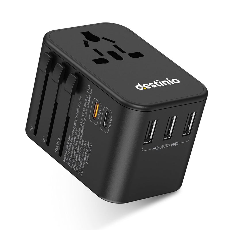 Destinio Universal Travel Adapter 6in1 Fast 35W Charging with PDQC 30 10 Year Warranty 2 Type C 3 USB Ports Universal Charger International Travel Adapter All in One Plug Socket Adaptor - Image 1