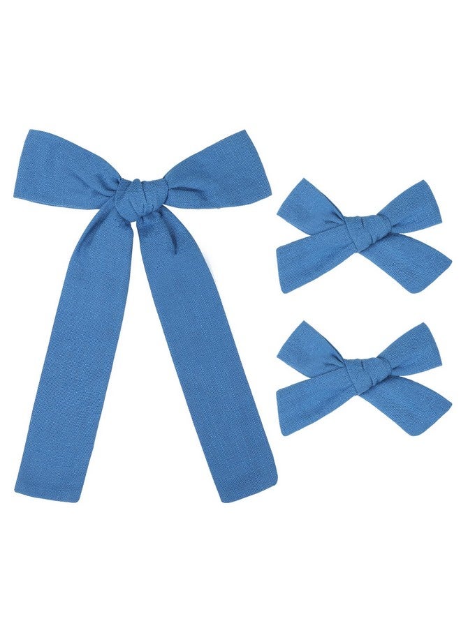 Deep Blue Cotton Linen Hair Bows 2 Sizes 5"&3.5" Soft Hair Bow Set For Toddler Girls Long Ponytail Knot Bows Alligator Clip Hair Accessories For Little School Girls (Deep Blue)