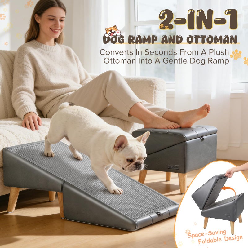 BBTANG Dog Stairs for Small Dogs 16" H - Upgraded Non-Slip Dog Ramp for Bed and Couch, Foldable 2-in-1 Pet Ramp and Ottoman, Pet Stairs for Puppy, Pet Steps with Solid Wood Frame (Grey) - Image 2