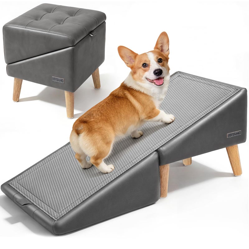 BBTANG Dog Stairs for Small Dogs 16" H - Upgraded Non-Slip Dog Ramp for Bed and Couch, Foldable 2-in-1 Pet Ramp and Ottoman, Pet Stairs for Puppy, Pet Steps with Solid Wood Frame (Grey) - Image 1