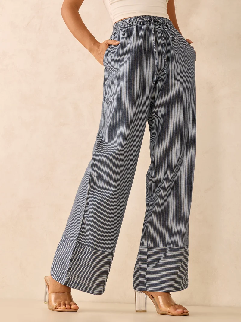 Outzidr  Blue Wide Leg Stripes Trousers for Women | Best Price UAE