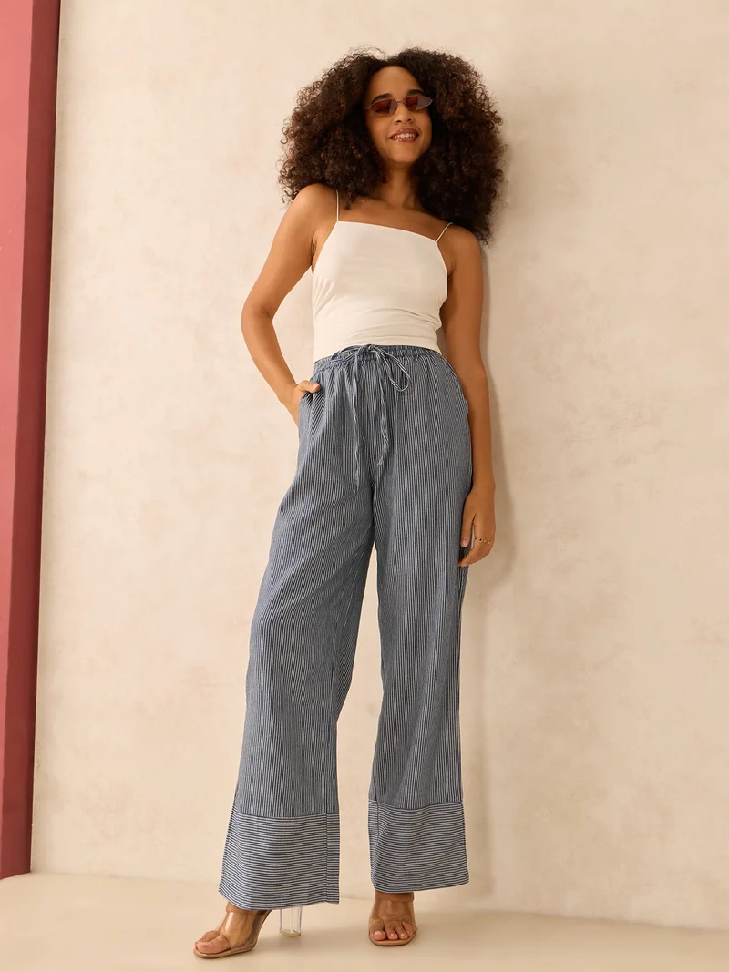 Outzidr  Blue Wide Leg Stripes Trousers for Women | Best Price UAE