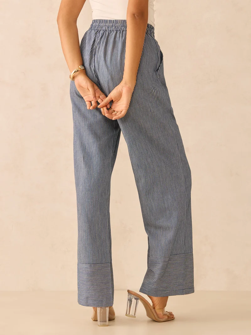 Outzidr  Blue Wide Leg Stripes Trousers for Women | Best Price UAE