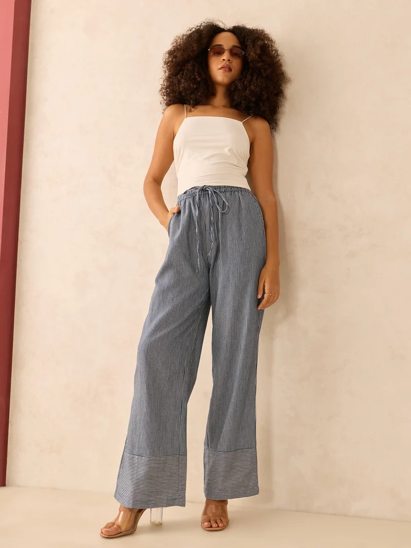 أوجيدر Blue Wide Leg Stripes Trousers
