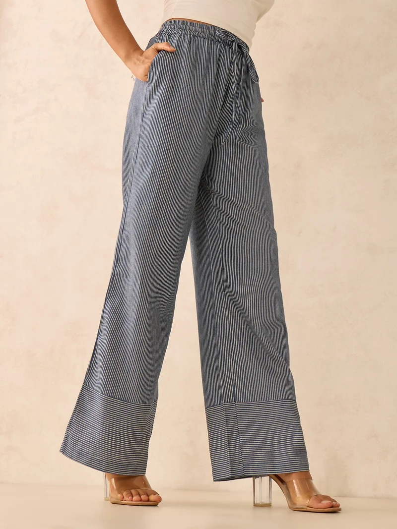 Outzidr  Blue Wide Leg Stripes Trousers for Women | Best Price UAE