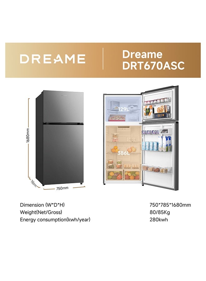 Dreame 670 Gross & 515L Net Capacity Double Door Top- Mount Refrigerator-Freezer, No-Frost, Multi-Air Flow, Right open, Recessed Handle DRT670ASC Titanium Steel Silver - Image 4