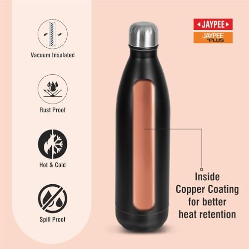 Jaypee Plus Alpha Vaccum Insulated Double Wall Thermosteel Flask 500 ml Water Bottle ISI Certified 24 Hours Hot and Cold Water Bottle for School,Office,Gym, Leakproof, Rustproof Steel Bottle,Black - Image 4