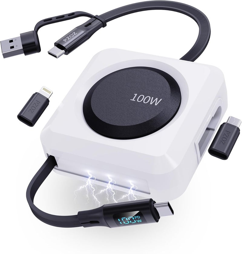 بزوز كابل شحن متعدد PZOZ قابل للسحب من نوع USB-C بشاشة LED، سريع الشحن بقوة 100 واط مع منافذ Type C/Micro USB/Lightning لهواتف iPhone 17 و16 و15، وآيباد، وماك، وسامسونج للإدارة في السيارة أو المكتب أو الحائط (1.5 متر) - Image 2