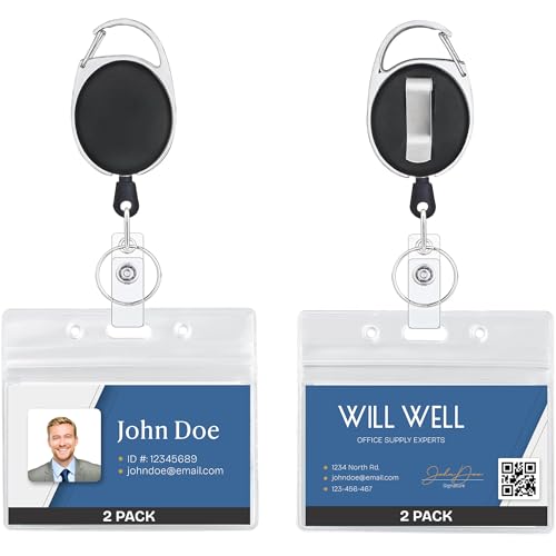 Will Well ID Badge Holders with Clip and Keyring - Horizontal Clear Plastic 2.52" x 3.58" Sleeves Fit Up to 3 Cards - Retractable 24" UHMWPE Fiber Pull Cords for Easy Access - 2-Pack, Black Reels - Image 1