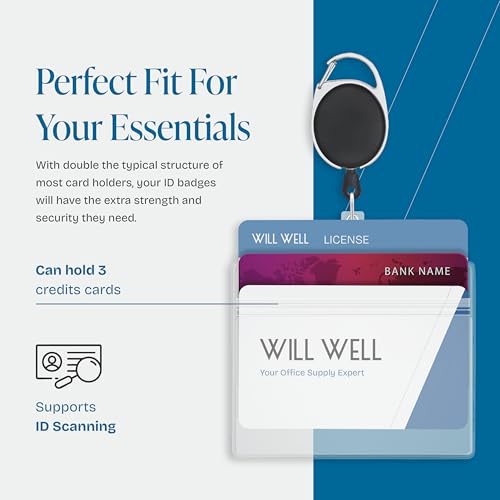 Will Well ID Badge Holders with Clip and Keyring - Horizontal Clear Plastic 2.52" x 3.58" Sleeves Fit Up to 3 Cards - Retractable 24" UHMWPE Fiber Pull Cords for Easy Access - 2-Pack, Black Reels - Image 3