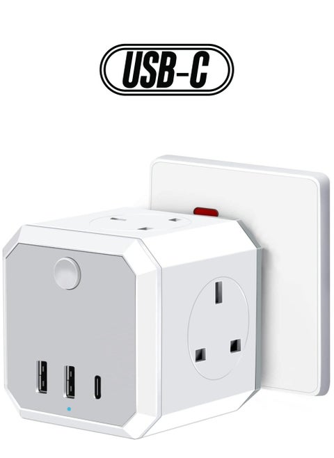 Multi Plug Adapter with 3 USB, 4 Way 4 Plugs Socket adapter, 7-in-1 Cube Electrical Extender Outlet Adaptor with USB C Port Wall MultiPlug Charger Adaptor for Home Dorm Office Travel
