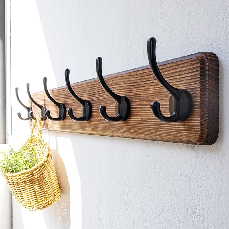 Dseap Coat Rack Wall: 24" Long, Patented, Heavy-Duty, 6-Double-Hooks Wooden Wall Mounted Coat Rack Coat Hanger Hook Rail for Winter Coats Hat Jacket Clothing, Natural & Black - Image 5