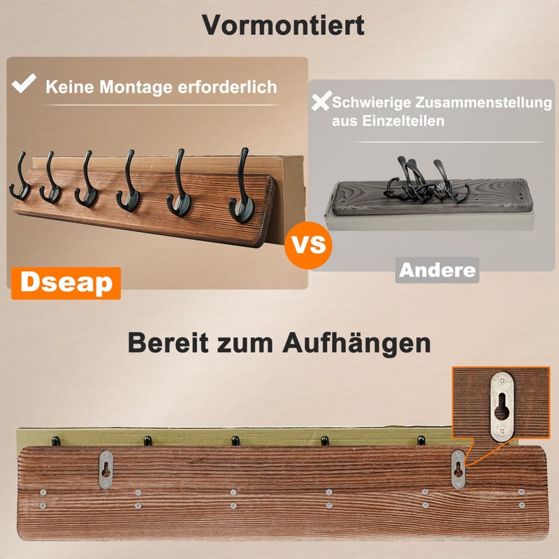 Dseap Coat Rack Wall: 24" Long, Patented, Heavy-Duty, 6-Double-Hooks Wooden Wall Mounted Coat Rack Coat Hanger Hook Rail for Winter Coats Hat Jacket Clothing, Natural & Black - Image 3