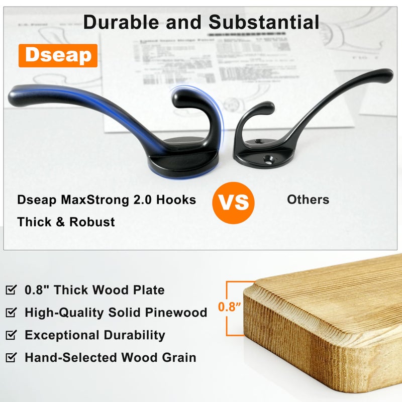 Dseap Coat Rack Wall: 24" Long, Patented, Heavy-Duty, 6-Double-Hooks Wooden Wall Mounted Coat Rack Coat Hanger Hook Rail for Winter Coats Hat Jacket Clothing, Natural & Black - Image 2