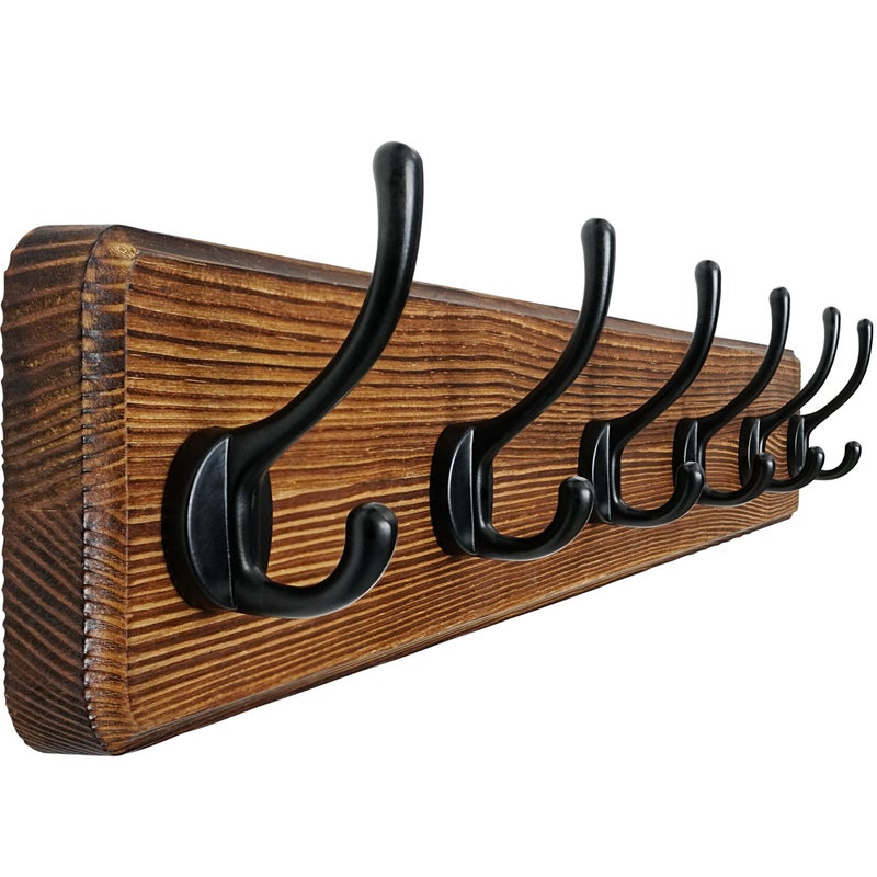 Dseap Coat Rack Wall: 24" Long, Patented, Heavy-Duty, 6-Double-Hooks Wooden Wall Mounted Coat Rack Coat Hanger Hook Rail for Winter Coats Hat Jacket Clothing, Natural & Black - Image 1