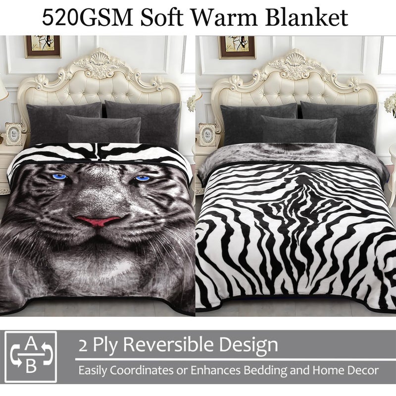 JYK Soft Fleece Bed Blanket Queen Size 5 LB, Korean Style 2 Ply Reversible Fluffy Flannel Blanket Microfiber, Warm Cozy Blanket for Autumn, Winter 75x87 Inches - Black White Tiger/Tiger Stripes - Image 3