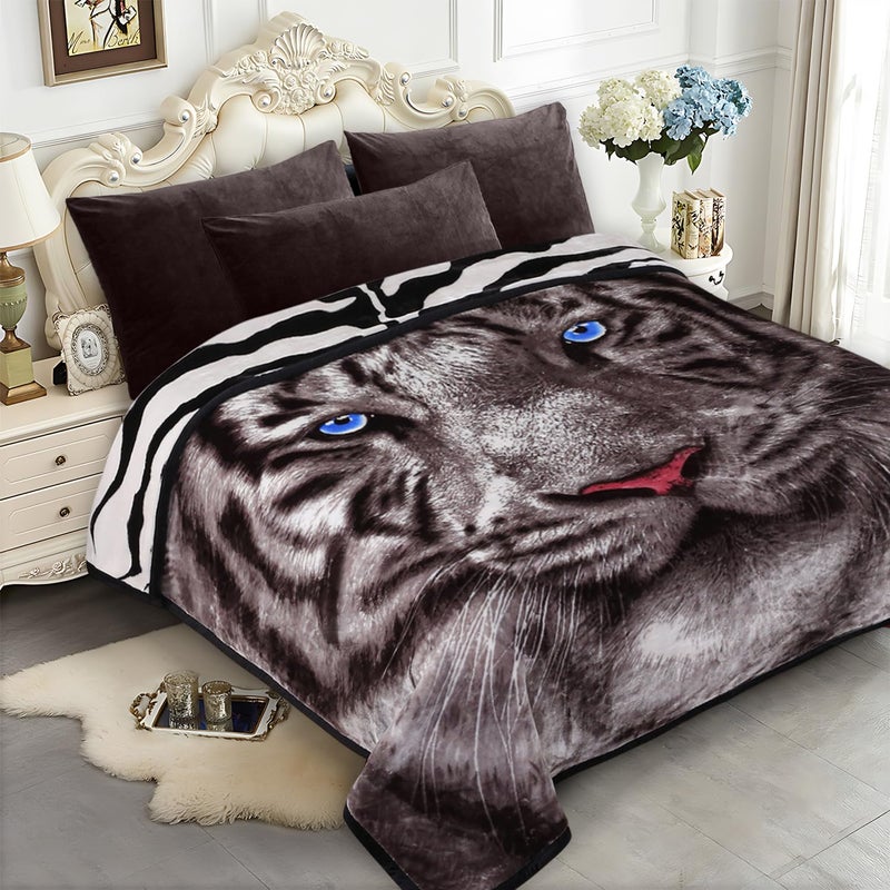JYK Soft Fleece Bed Blanket Queen Size 5 LB, Korean Style 2 Ply Reversible Fluffy Flannel Blanket Microfiber, Warm Cozy Blanket for Autumn, Winter 75x87 Inches - Black White Tiger/Tiger Stripes - Image 1