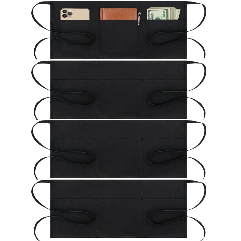 BOHARERS 4 Pack Waitress Apron With 3 Pockets-Black Server Aprons-Waiter Short Half Waist Servers Apron - Image 1