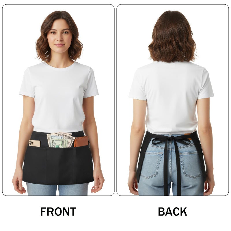 BOHARERS 4 Pack Waitress Apron With 3 Pockets-Black Server Aprons-Waiter Short Half Waist Servers Apron - Image 2