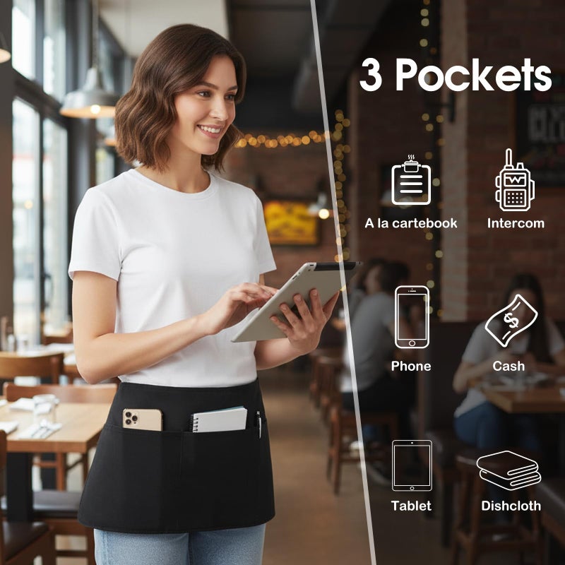 BOHARERS 4 Pack Waitress Apron With 3 Pockets-Black Server Aprons-Waiter Short Half Waist Servers Apron - Image 3