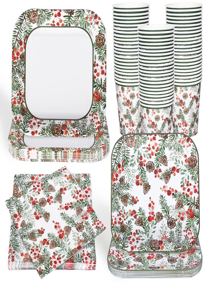 JarThenaAMCS 96Pcs Christmas Paper Tableware Set Holly Berry Pine Cone Party Supplies Xmas Square Disposable Plates Napkins and Cups For 24 Guest Winter Holiday Birthday - Image 1