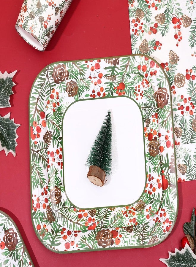 JarThenaAMCS 96Pcs Christmas Paper Tableware Set Holly Berry Pine Cone Party Supplies Xmas Square Disposable Plates Napkins and Cups For 24 Guest Winter Holiday Birthday - Image 3