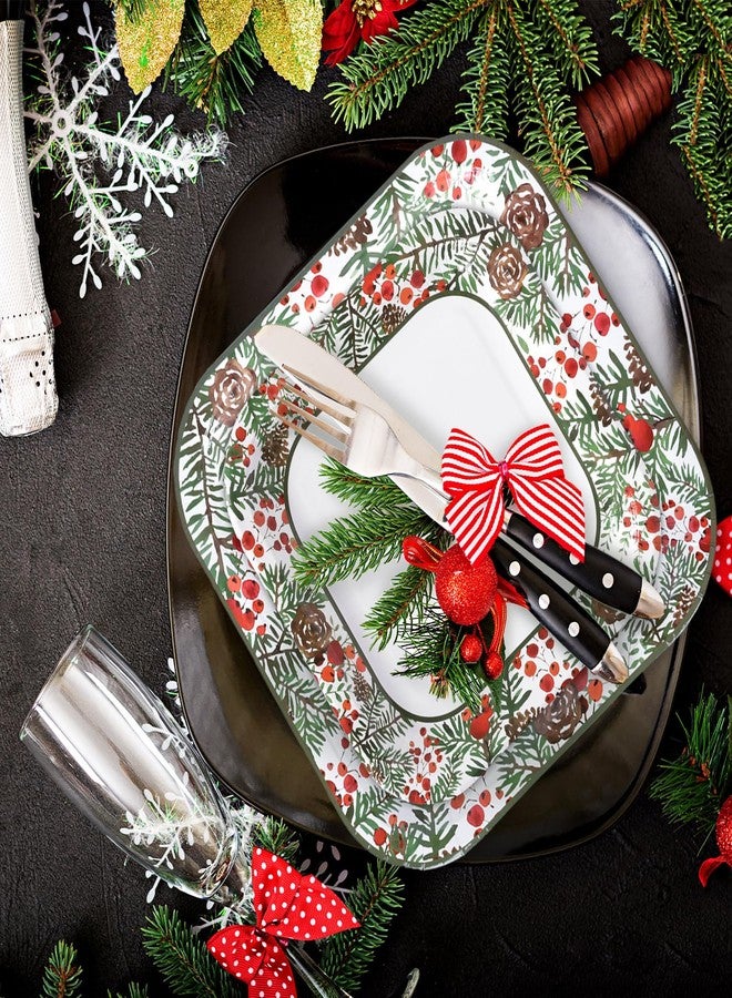 JarThenaAMCS 96Pcs Christmas Paper Tableware Set Holly Berry Pine Cone Party Supplies Xmas Square Disposable Plates Napkins and Cups For 24 Guest Winter Holiday Birthday - Image 4