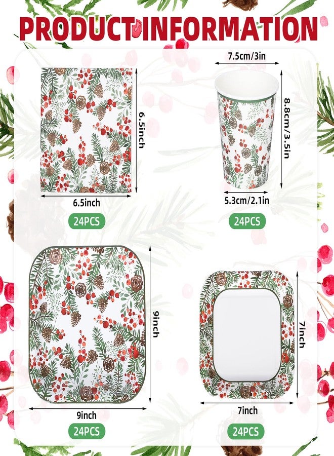 JarThenaAMCS 96Pcs Christmas Paper Tableware Set Holly Berry Pine Cone Party Supplies Xmas Square Disposable Plates Napkins and Cups For 24 Guest Winter Holiday Birthday - Image 2