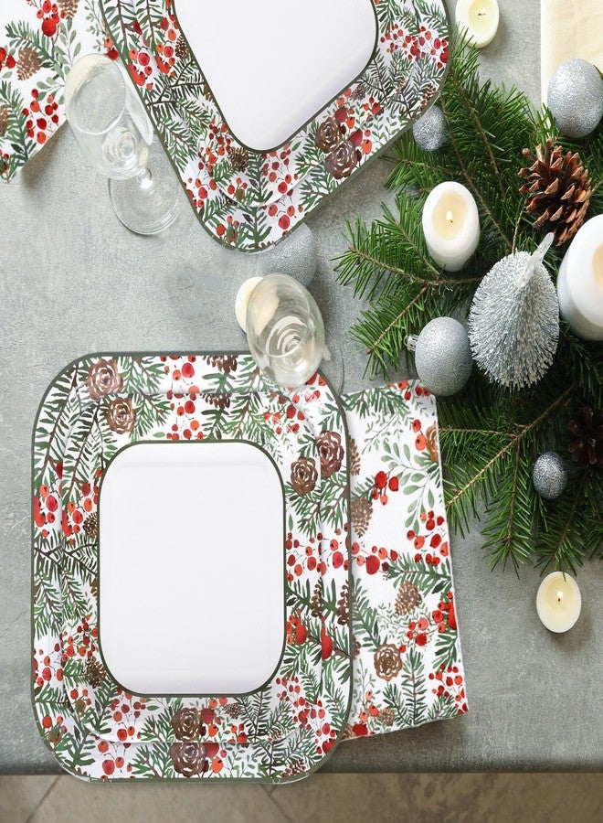 JarThenaAMCS 96Pcs Christmas Paper Tableware Set Holly Berry Pine Cone Party Supplies Xmas Square Disposable Plates Napkins and Cups For 24 Guest Winter Holiday Birthday - Image 5