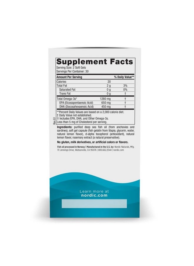 NORDIC NATURALS - Nordic Naturals Ultimate Omega in Fish Gelatin, Lemon Flavor - 60 Soft Gels - 1280 mg Omega-3 - High-Potency Fish Oil Supplement - EPA & DHA - Promotes Brain & Heart Health - Non-GMO - 30 Servings - Image 1