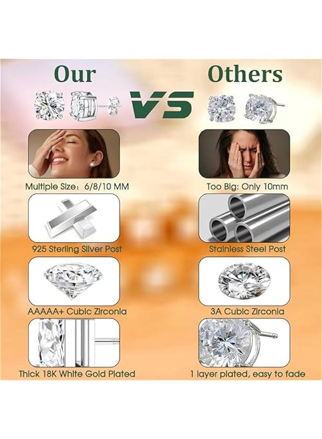 Arabest Hypoallergenic Stud Earrings for Women Men - 925 Sterling Silver Earrings for Sensitive Ears - 6/8/10mm Cubic Zirconia Earrings Studs-18K Gold Plated Simulated Diamond CZ Halo Earrings 2/4Pairs  - Image 5