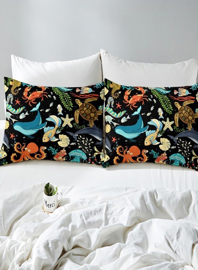 Man Fei Marine Life Fitted Sheet Twin,Whale Octopus Crab Tortoise Goldfish Bed Cover,Sea Animal Theme Bedding Set 2pcs for Kids Teens Room Decor,Watercolor Bed Sheets with 1 Pillowcase - Image 5