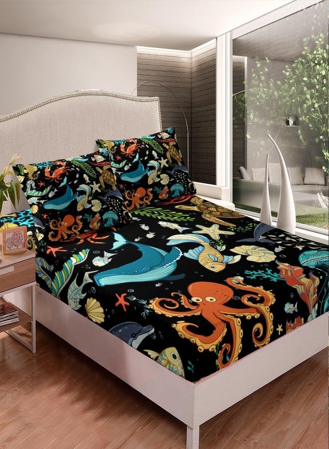 Man Fei Marine Life Fitted Sheet Twin,Whale Octopus Crab Tortoise Goldfish Bed Cover,Sea Animal Theme Bedding Set 2pcs for Kids Teens Room Decor,Watercolor Bed Sheets with 1 Pillowcase - Image 3