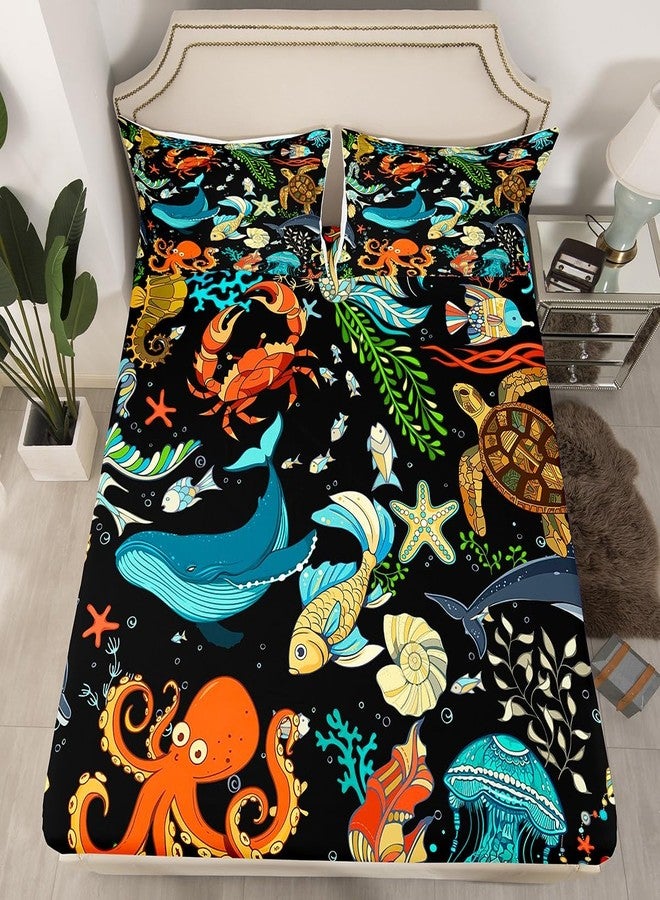 Man Fei Marine Life Fitted Sheet Twin,Whale Octopus Crab Tortoise Goldfish Bed Cover,Sea Animal Theme Bedding Set 2pcs for Kids Teens Room Decor,Watercolor Bed Sheets with 1 Pillowcase - Image 1