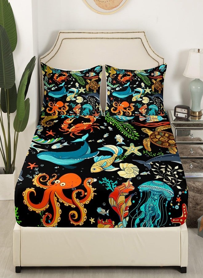 Man Fei Marine Life Fitted Sheet Twin,Whale Octopus Crab Tortoise Goldfish Bed Cover,Sea Animal Theme Bedding Set 2pcs for Kids Teens Room Decor,Watercolor Bed Sheets with 1 Pillowcase - Image 2
